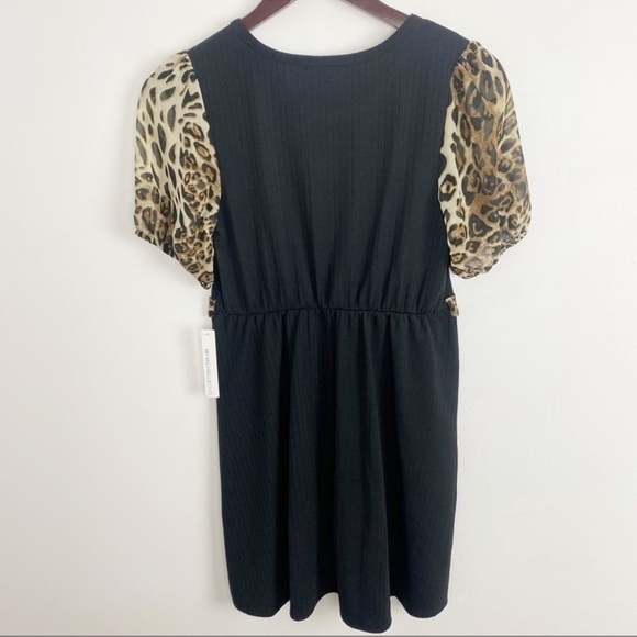 My Michelle Girls Black Ribbed Leopard Print Short Puff Sleeve Dress Sz 14 NEW - Picture 3 of 9
